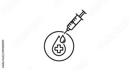 Medical syringe and droplet with cross symbol linear design silhouette