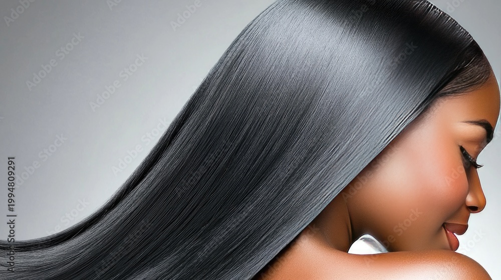 Fototapeta premium Captivating portrait of a stunning mixed race woman with long black hair showcasing elegance and beauty against a soft gray backdrop