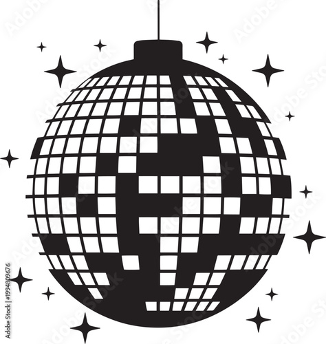 Black disco ball silhouette with sparkling stars