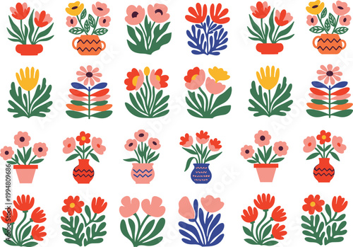 Colorful abstract flowers collection with decorative floral plants and vases, modern flat vector illustration set for pattern, textile, and graphic design