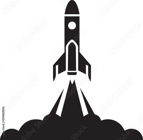 Black silhouette of a rocket ship launching into space