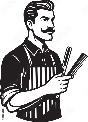 Black and white illustration of a smiling barber holding scissors and comb