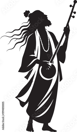 Silhouette of a person playing a musical instrument with long hair and traditional clothing