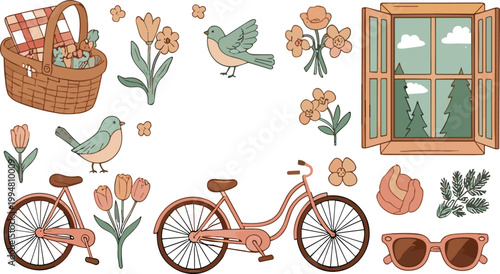 Cozy spring lifestyle set with bicycle picnic basket flowers birds and window view isolated on white background vector illustration