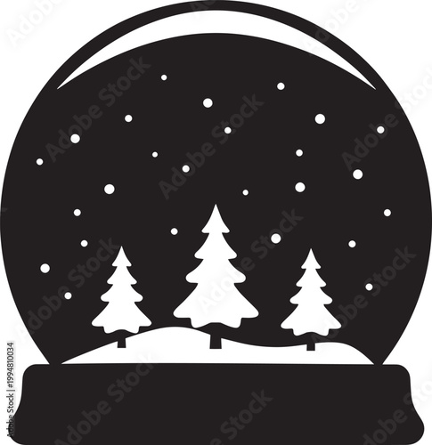 Black and white illustration of snow globe with pine trees and snowflakes