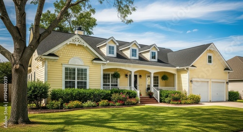 Beautiful yellow suburban house with a large front lawn