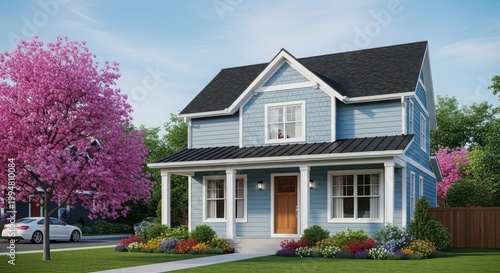 Modern blue twostory house with front porch and flowering tree