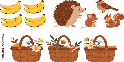 Cute animals bananas and picnic baskets set with hedgehog squirrel bird and flowers for nature vector illustration collection design