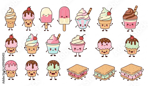 Kawaii ice cream characters vector set with cute smiling dessert stickers collection
Prompt: