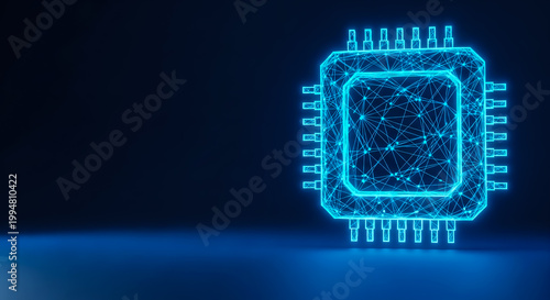 Futuristic glowing microchip with intricate circuit network, illuminated in blue, representing technology, AI, and digital innovation.