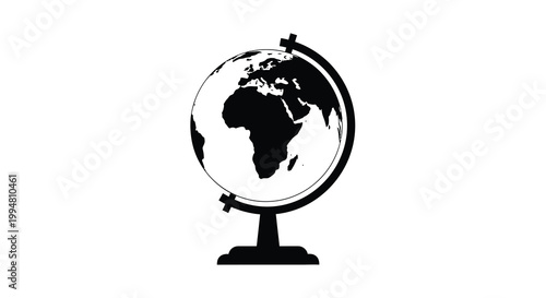A black and white illustration depicts a classic terrestrial globe showcasing continents and oceans resting on a stand