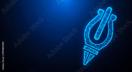 A digital illustration of a stylized lyre emitting a blue glow, set against a dark background. Ideal for creative projects.