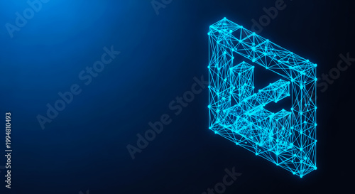 A futuristic 3D wireframe cube composed of interconnected glowing blue lines, representing digital networks or data structures.