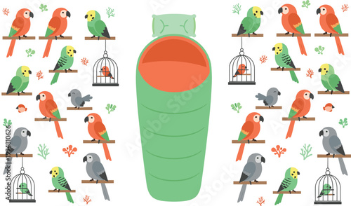 Cute parrots and birds set with cage elements and baby sleeping wrap illustration for nursery vector design collection
