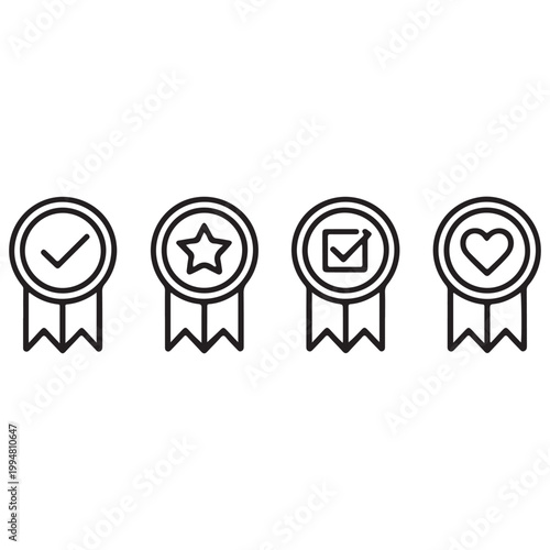 Minimalist Award Ribbon Badge Icon Set with Checkmark, Star, and Approval Symbols in Clean Outline Style