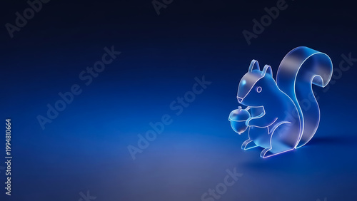 A futuristic neon blue squirrel holding an acorn, rendered in 3D with glowing outlines against a dark blue gradient backdrop.