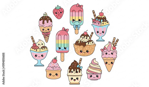 Adorable kawaii ice cream dessert characters collection in flat cartoon vector style