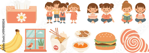 Everyday life elements collection with kids, food, window scene and household objects, flat vector illustration set for lifestyle, family and daily routine design