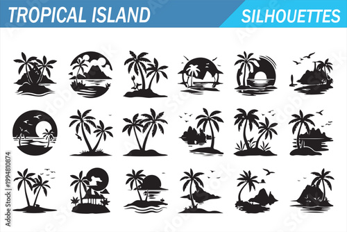 Tropical vacation icon sheet with beach island sunset and ocean silhouette symbols