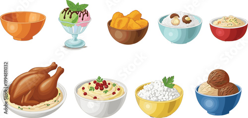Food bowl collection with rice ice cream roasted chicken desserts and various dishes for restaurant menu vector illustration set