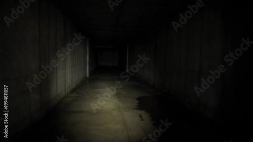 Dark Concrete Tunnel Corridor With Puddles On Floor And Spotlight Illuminating Walls Mysterious Gloomy Atmosphere Perspective View