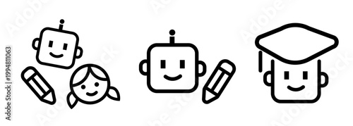 Artificial intelligence education icons set for kids featuring friendly robot characters with pencil and graduation cap symbols for smart learning digital school technology educational app