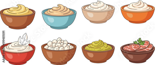 Food bowls collection with creamy sauces, mashed dishes and grains, hand drawn vector illustration set for cuisine, restaurant menu and cooking design