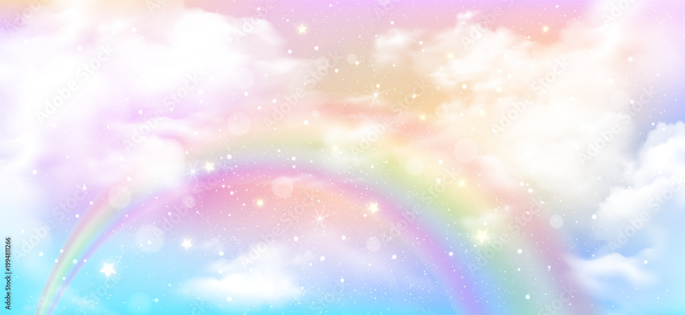 Fototapeta premium Holographic rainbow unicorn background, cute candy wallpaper and kawaii or magic mermaid flyer with glitter star, bokeh light and pastel pink sky cloud. Fairy tale backdrop and birthday party banner.