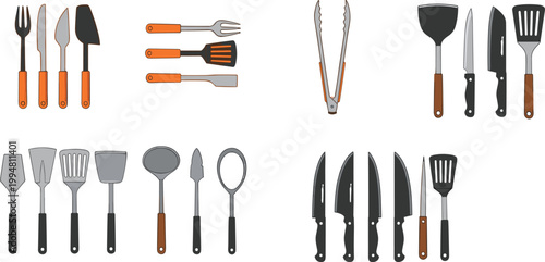 Fotografia Kitchen utensils set with knives spatulas forks tongs and cooking tools for culi