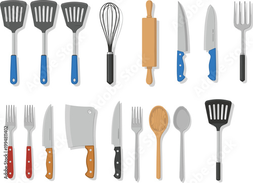 Kitchen utensils set with knives spatulas forks whisk rolling pin and cooking tools for culinary vector illustration collection design