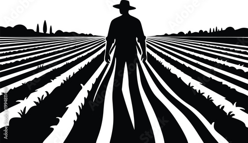 Conceptual vector illustration of a farmer silhouette standing in a field with rows of crops merging into his form symbolizing a deep connection to the land and agriculture
