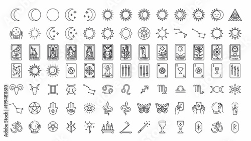 A set of tarot card elements and zodiac signs in a neat arrangement. It is composed of diverse design elements, including stars and moons. The picture embodies spirituality, mystical elements.