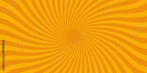 Circus background of spiral yellow orange rays vector illustration. Vintage radial pattern with sunbeams or starburst strip.