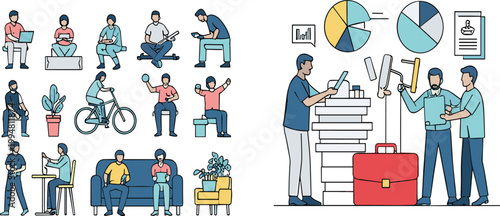 People lifestyle and business activity set with office work cycling fitness and teamwork concepts for modern vector illustration design