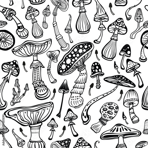 Seamless pattern with psychedelic mushrooms 