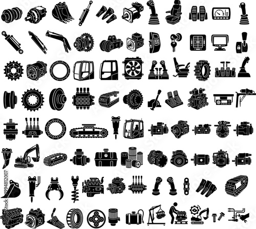 Excavator spare parts vector icon set. Heavy construction machinery equipment components, engine, tracks, hydraulic cylinder, bucket, and gear silhouettes.
