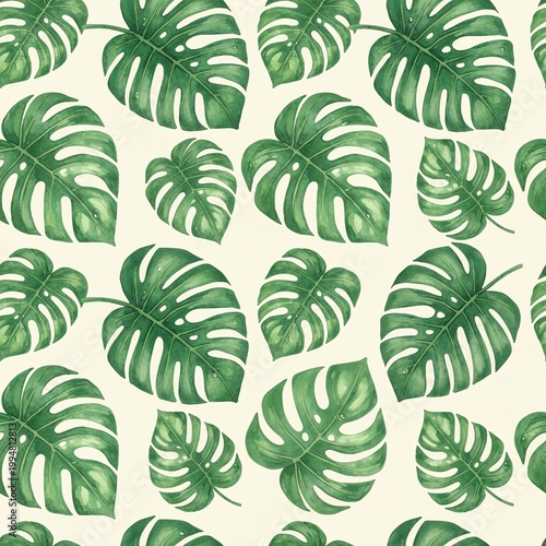 Monstera Leaves Seamless Pattern Watercolor