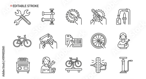 Collection of various bicycle and repair icons.