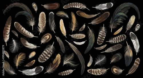 A Beautiful Collection of Various Feathers from Different Birds Displayed on a Dark Background