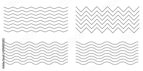 Wavy lines pattern vector element, wave ripple thin line strokes simple zigzag texture set, stream zig zag background backdrop image clip graphic illustration
