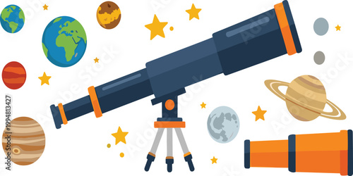 Telescope with planets stars and space elements set for astronomy exploration vector illustration isolated on white background