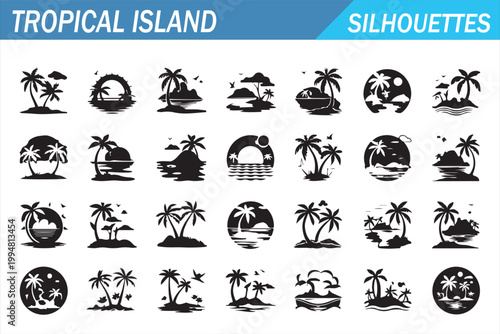 Summer island silhouette icons with palm trees ocean sunset and resort symbols