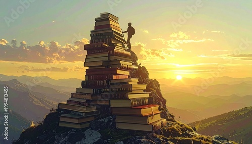 Silhouette of climber on mountain of stacked books at sunrise, education and achievement concept