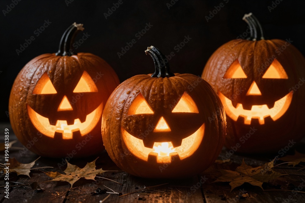 Fototapeta premium Three Jack-o'-Lanterns on Wooden Table
