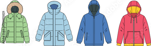 Winter jackets and coats set with hooded padded and casual outerwear styles colorful clothing collection vector illustration isolated on light background