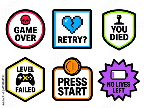 Gaming Sticker Badges: Game Over Minimalist Typographic Vector Icons Set Isolated on White