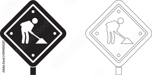 Road work ahead warning sign icon with man shoveling dirt vector 