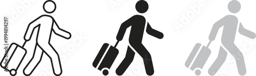 Passenger with baggage icon. Walking person with luggage vector graphic. Traveling person on a vacation symbol. Passenger with a trip suitcase indicator. Black and outline traveler silhouette