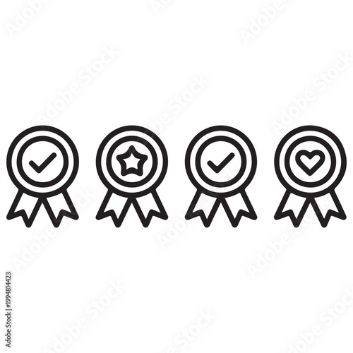 Minimalist Award Ribbon Badge Icon Set with Checkmark, Star, and Approval Symbols in Clean Outline Style