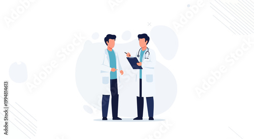 Two doctors in white coats discussing medical chart, flat illustration